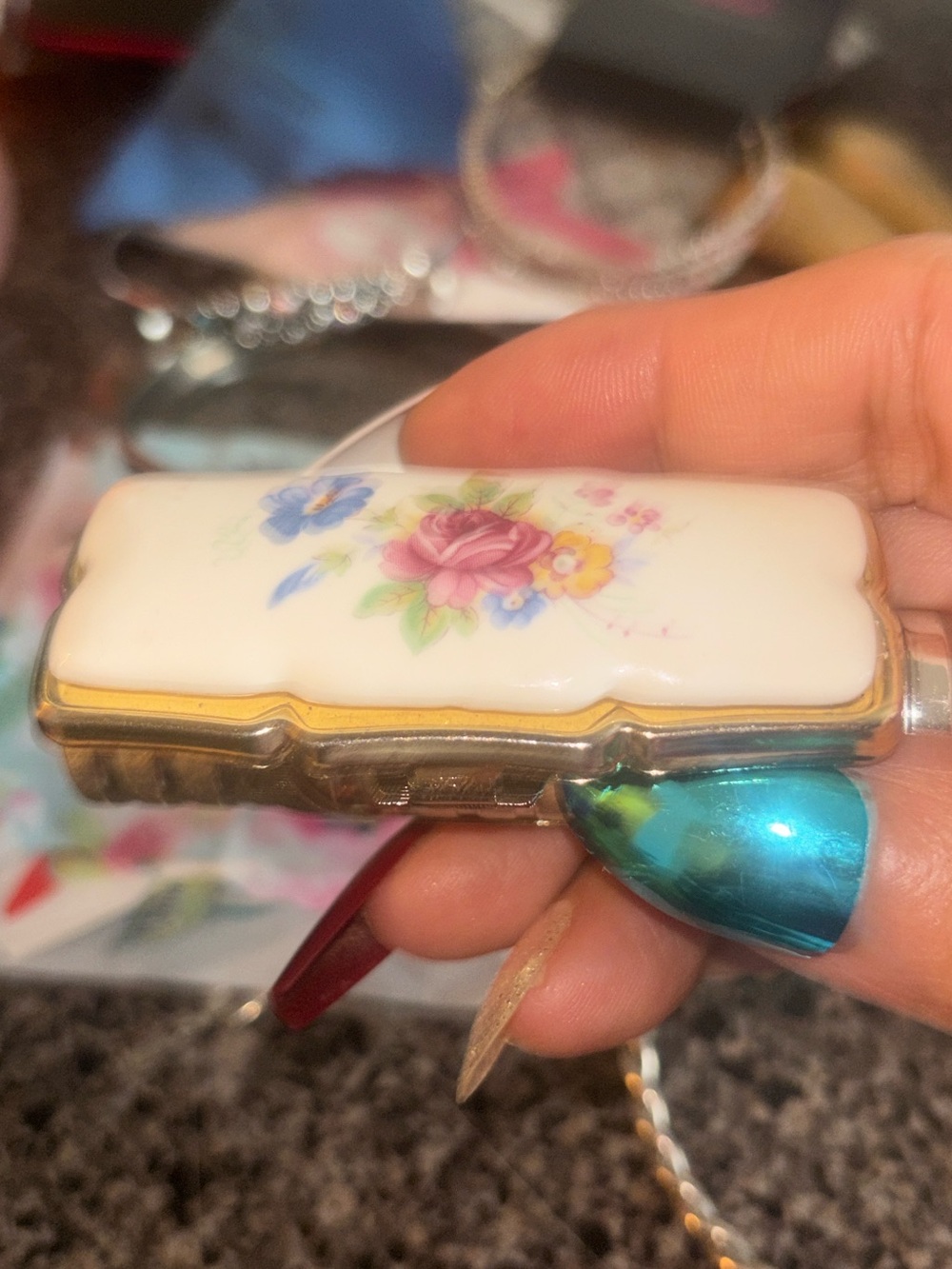 Antique Porcelain Floral Lipstick Case w mirror